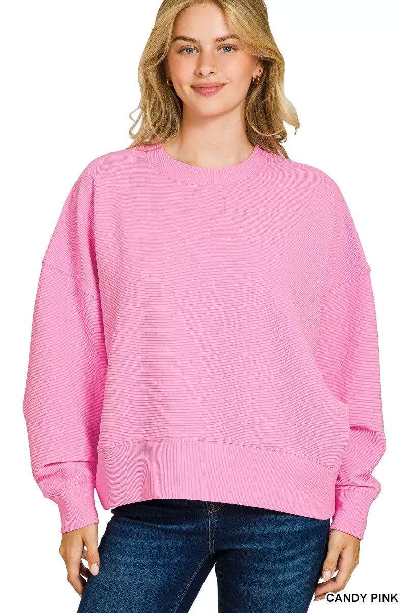 Candy pink Zenana ribbed round neck pullover and shorts set featuring a cozy, casual style and soft knit fabric.