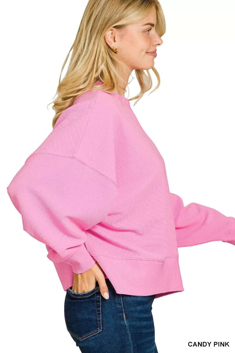 Candy pink Zenana ribbed round neck pullover and shorts set, soft knit fabric, casual loungewear, front view.