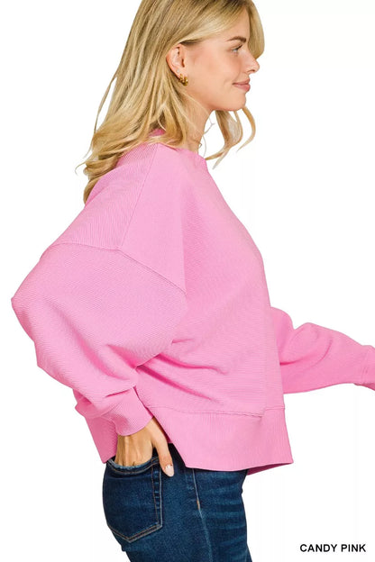 Candy pink Zenana ribbed round neck pullover and shorts set, soft knit fabric, casual loungewear, front view.