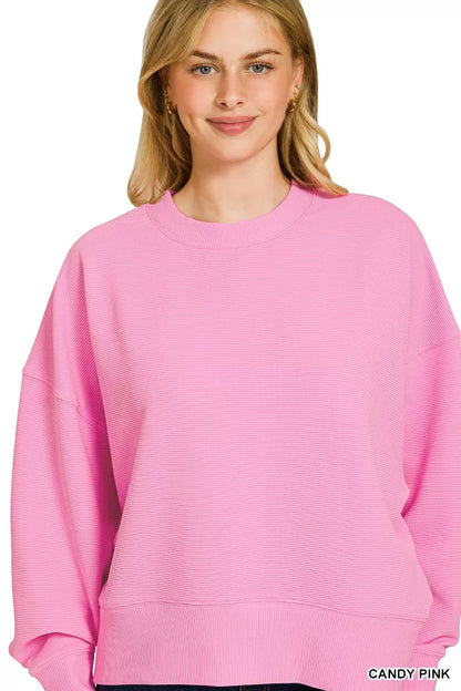 Pink Zenana ribbed round neck pullover and shorts set with long sleeves and comfortable fit, perfect for casual wear.