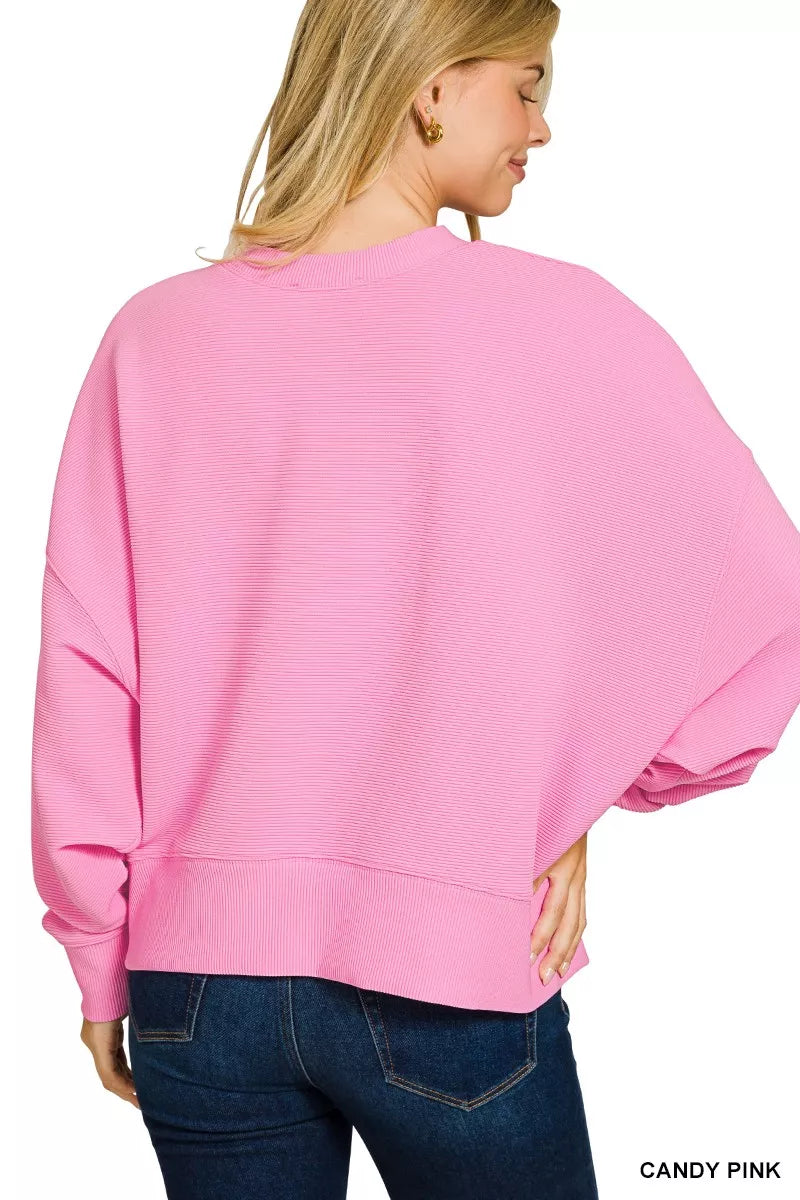 Candy pink Zenana ribbed pullover and shorts set from Trendsi, featuring a round neck and comfortable, casual fit.