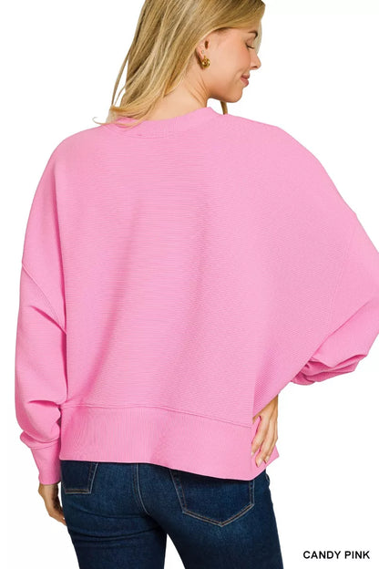 Candy pink Zenana ribbed pullover and shorts set from Trendsi, featuring a round neck and comfortable, casual fit.