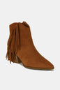 Caramel suede ankle boots with fringe detail and point toe from Beast Fashion by Trendsi, stylish and trendy footwear.