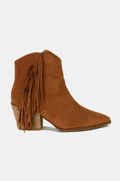 Caramel suede fringe point toe ankle boots by Beast Fashion, stylish with fringed detailing and a sleek pointed toe design.