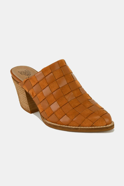 Caramel woven checkerboard block heel mule shoes by Beast Fashion, stylish Trendsi footwear with a comfortable slip-on design.