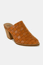 Caramel woven checkerboard block heel mule shoes by Beast Fashion, stylish Trendsi footwear with a comfortable slip-on design.