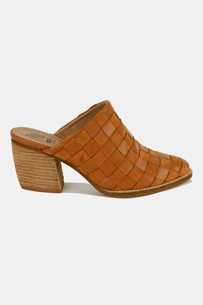 Beast Fashion woven checkerboard block heel mule shoes in caramel color, stylish slip-on footwear for women.