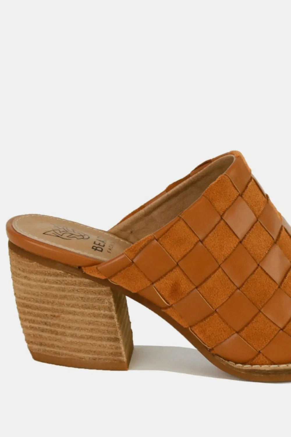 Beast Fashion woven checkerboard block heel mule shoes in caramel color, trendy slip-on footwear with stylish pattern and heel.