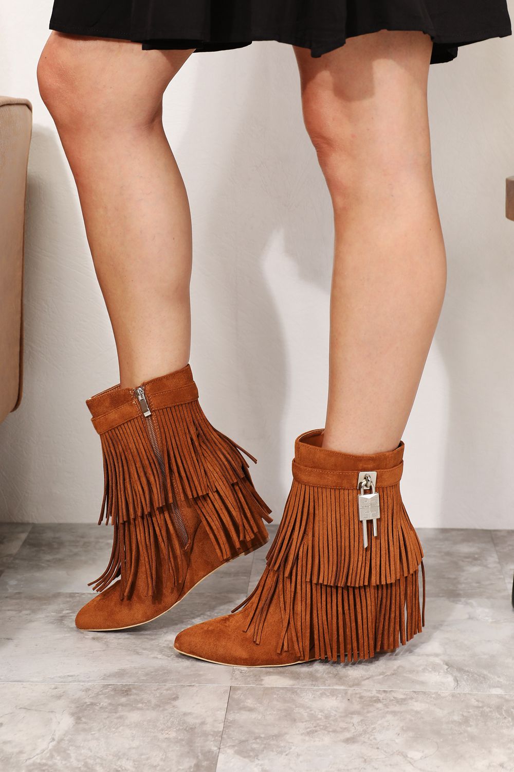 Caramel Legend Women's Tassel Wedge Heel Ankle Booties with tassel details and ankle height, stylish trendy footwear.