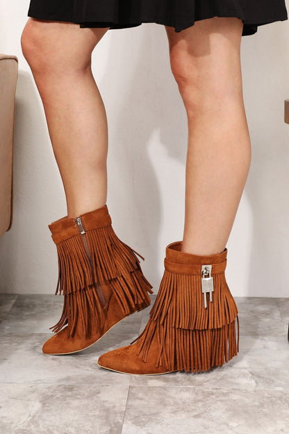 Caramel Legend Women's Tassel Wedge Heel Ankle Booties with tassel details and ankle height, stylish trendy footwear.