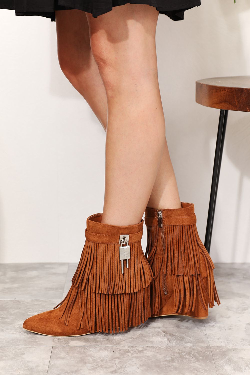 Caramel Legend Women's Tassel Wedge Heel Ankle Booties with tassel details and stylish silhouette, casual fall footwear.