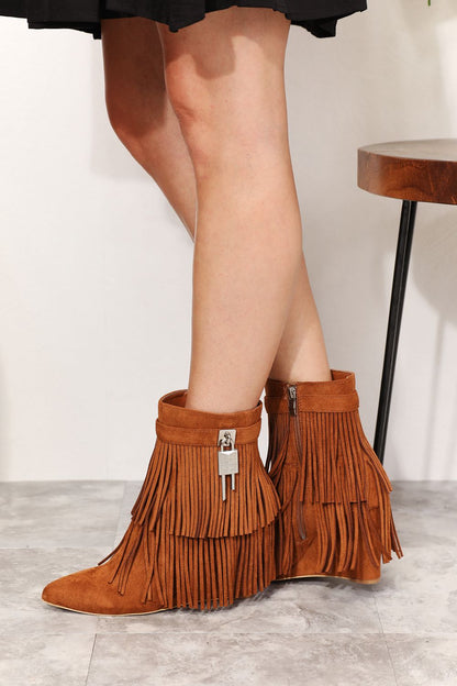 Caramel Legend Women's Tassel Wedge Heel Ankle Booties with tassel details and stylish silhouette, casual fall footwear.