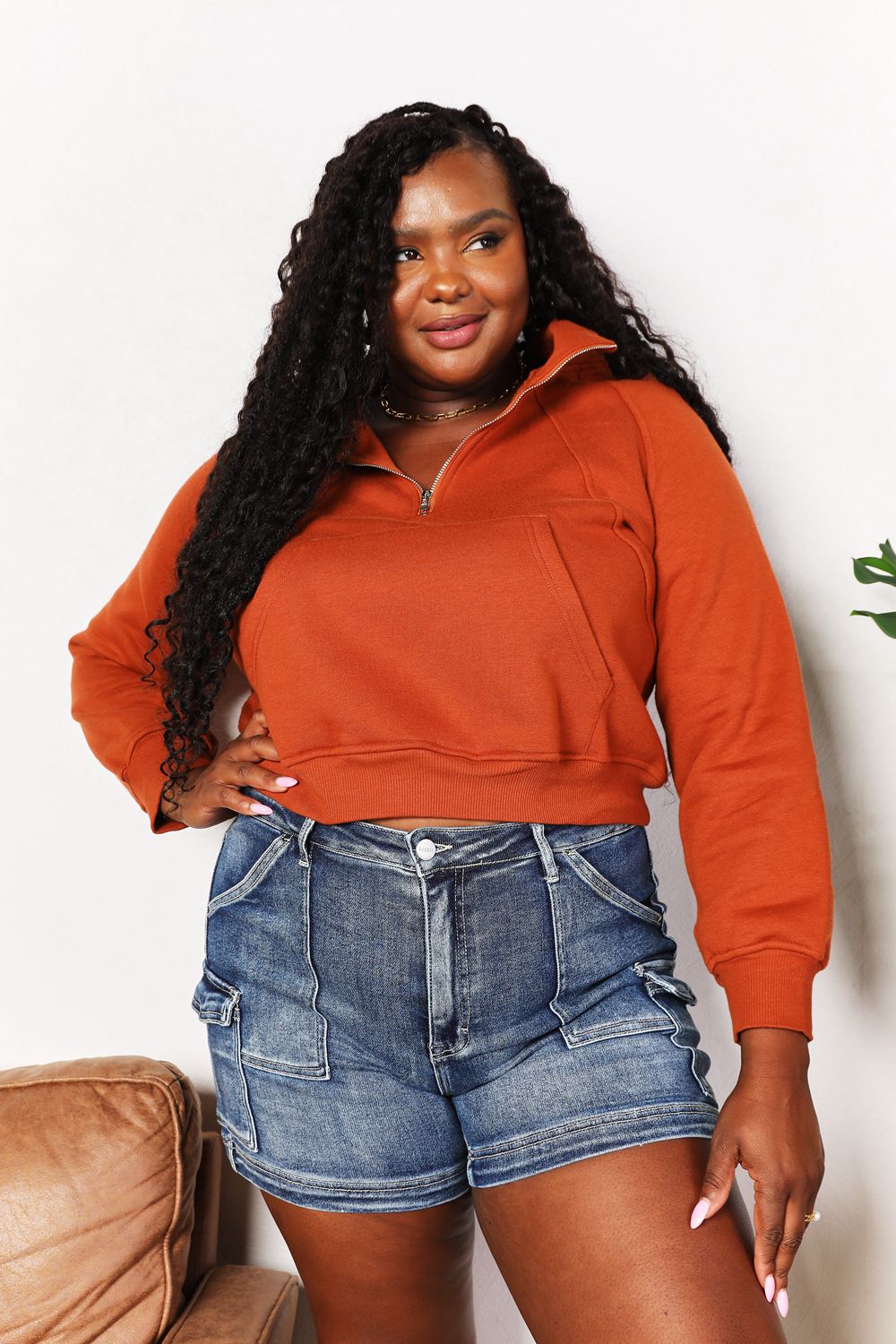 Caramel color Trendsi Double Take half-zip long sleeve hoodie with a relaxed fit and stylish design.