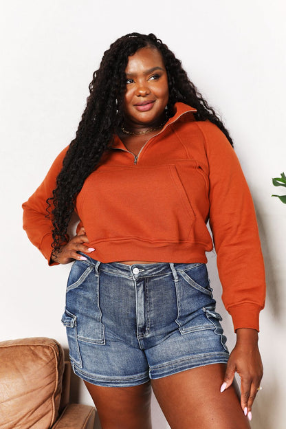 Caramel color Trendsi Double Take half-zip long sleeve hoodie with a relaxed fit and stylish design.
