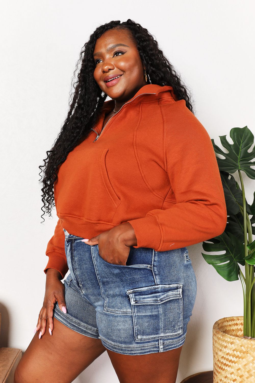 Caramel-colored Trendsi Double Take half-zip long sleeve hoodie with a relaxed fit and adjustable collar.