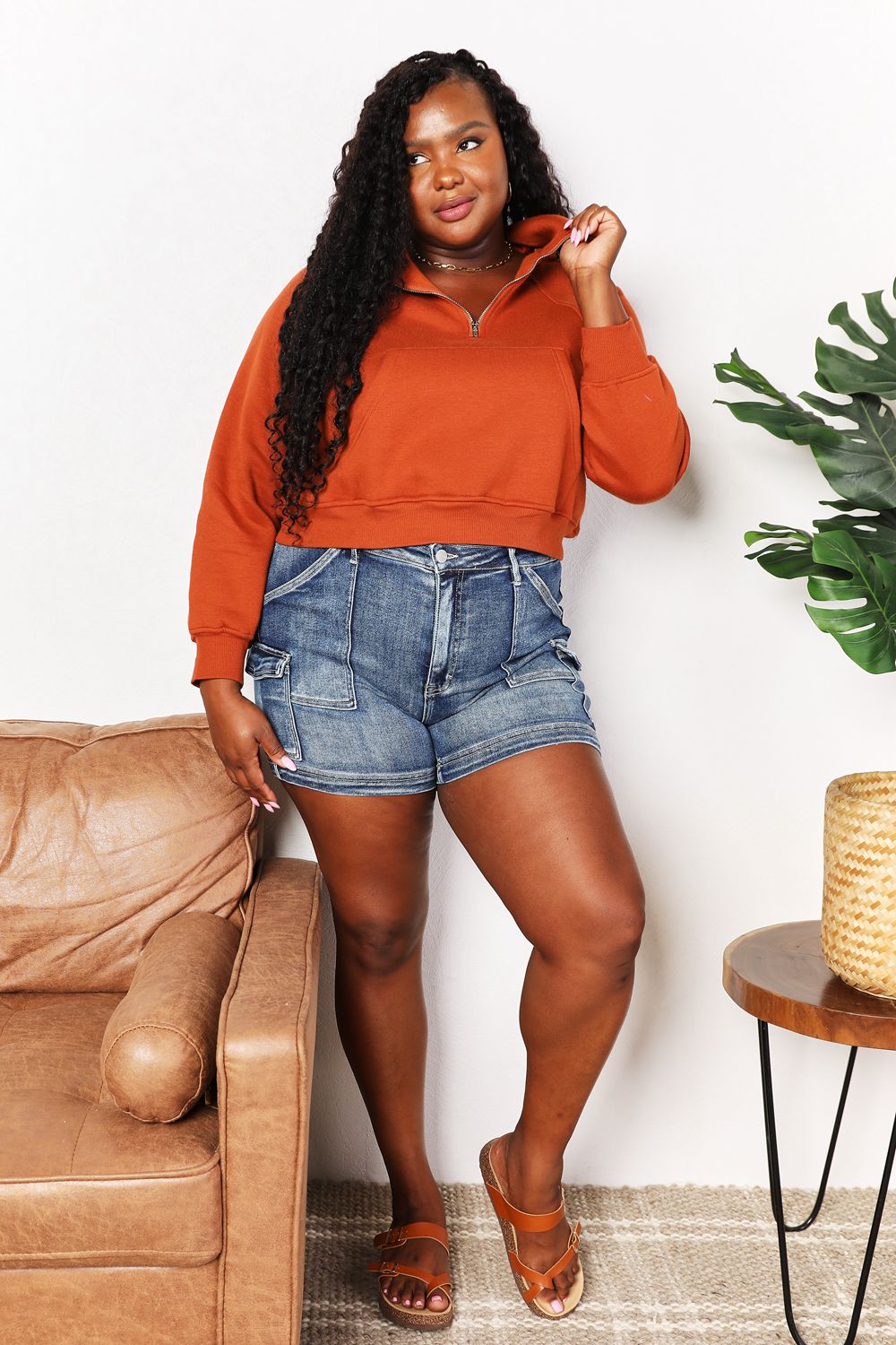 Caramel-colored Trendsi Double Take Half-Zip Long Sleeve Hoodie with a relaxed fit and front half-zip detail.