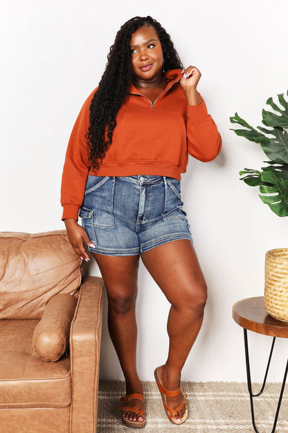Caramel-colored Trendsi Double Take Half-Zip Long Sleeve Hoodie with a relaxed fit and front half-zip detail.