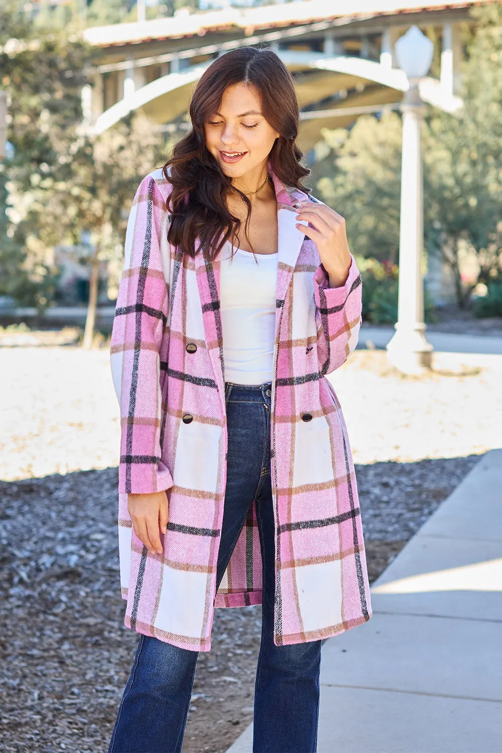 Pink plaid button-up coat with lapel collar and full size fit from Trendsi, featuring a classic double-take design.