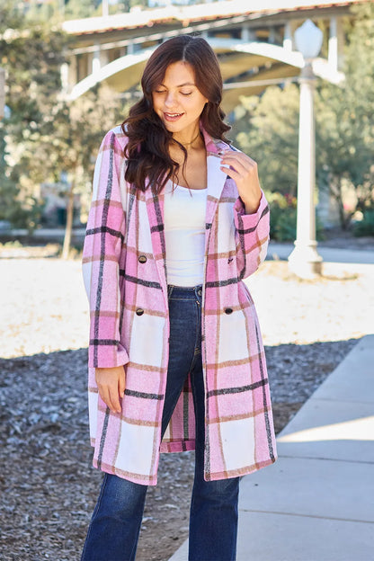 Pink plaid button-up coat with lapel collar and full size fit from Trendsi, featuring a classic double-take design.