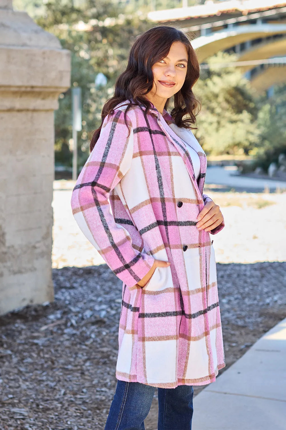 Carnation pink plaid button-up coat with lapel collar, full size, trendy outerwear by Trendsi featuring a stylish patterned design.