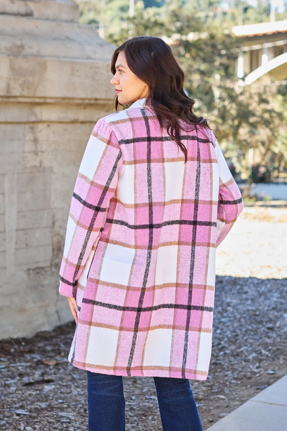 Pink plaid button-up coat with lapel collar and full size, featuring a stylish double take design from Trendsi.