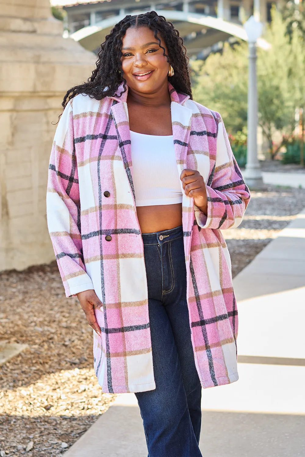 Pink plaid button-up coat with lapel collar, full size, trendy outerwear by Trendsi, perfect for layered winter fashion.