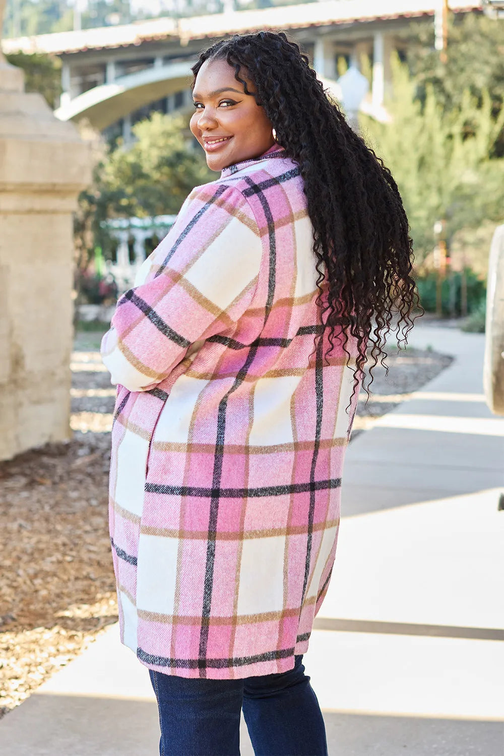 Trendsi double take pink plaid button-up coat with lapel collar, full size, stylish and warm outerwear for women.