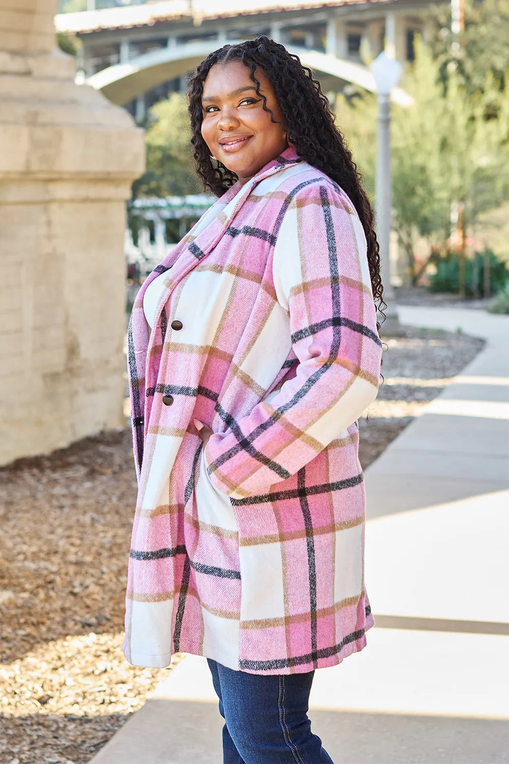 Carnation pink plaid double-breasted button-up coat with lapel collar, full size, from Trendsi.