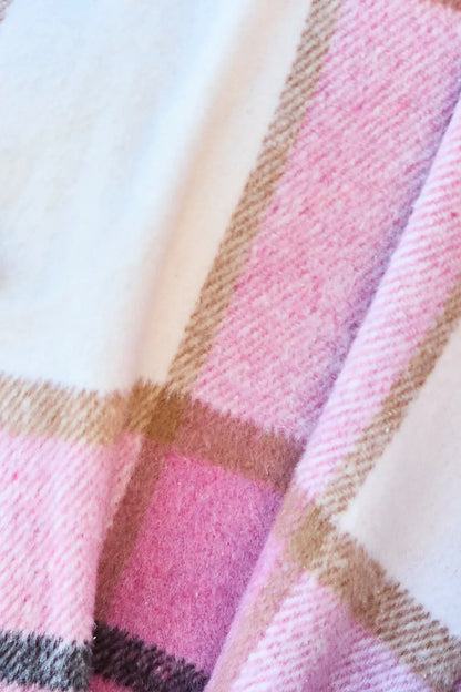 Pink plaid button-up coat with lapel collar and full size fit, designed by Trendsi, perfect for casual or layered winter style.