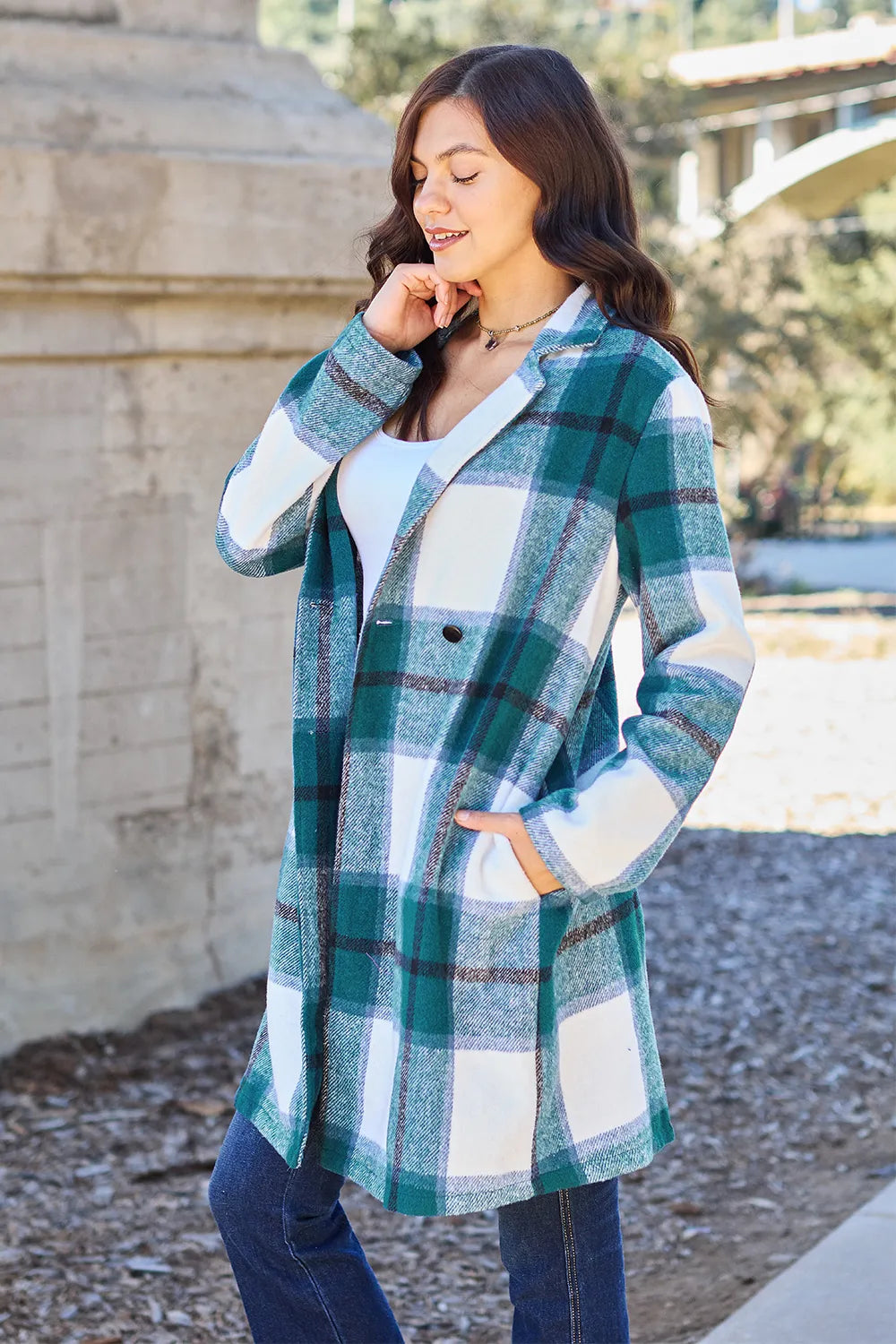 Pink plaid button-up coat with lapel collar from Trendsi, featuring full size and double take pattern design.