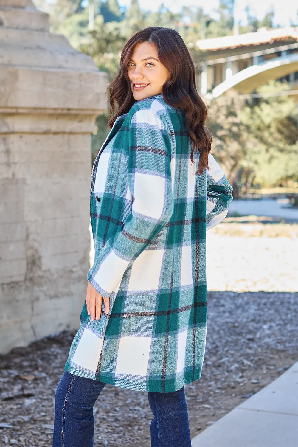 Carnation pink plaid button-up coat with lapel collar by Trendsi, featuring a full-size, stylish and cozy design.