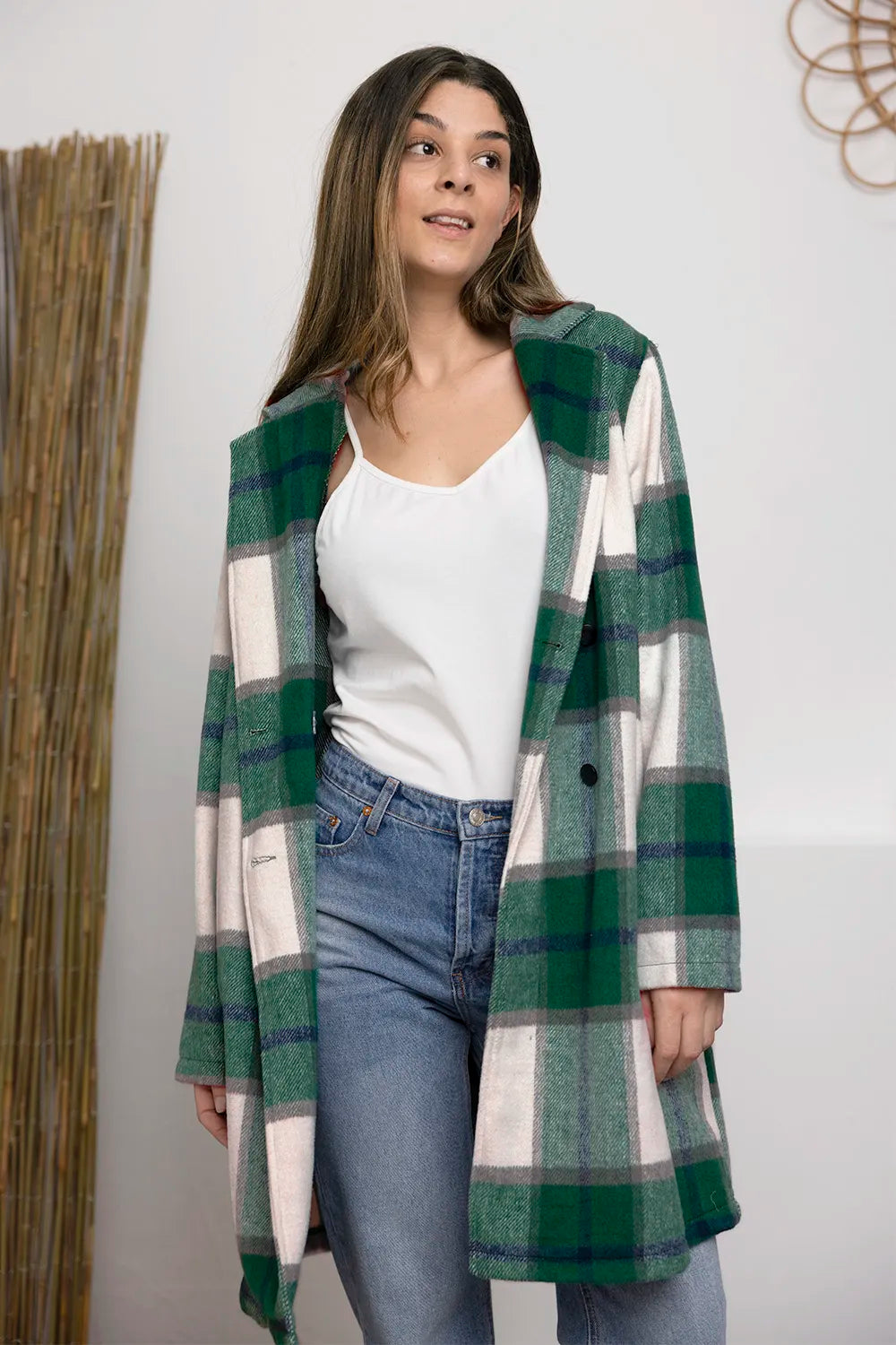 Pink plaid button-up coat with lapel collar, full size, by Trendsi, featuring a stylish and cozy double take design.