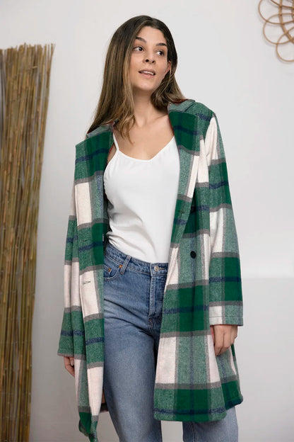 Pink plaid button-up coat with lapel collar, full size, by Trendsi, featuring a stylish and cozy double take design.