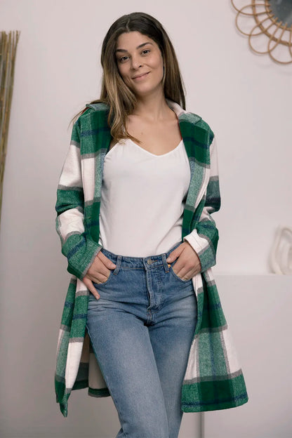 Carnation pink plaid button-up coat with lapel collar from Trendsi, full size, stylish and warm outerwear for women.