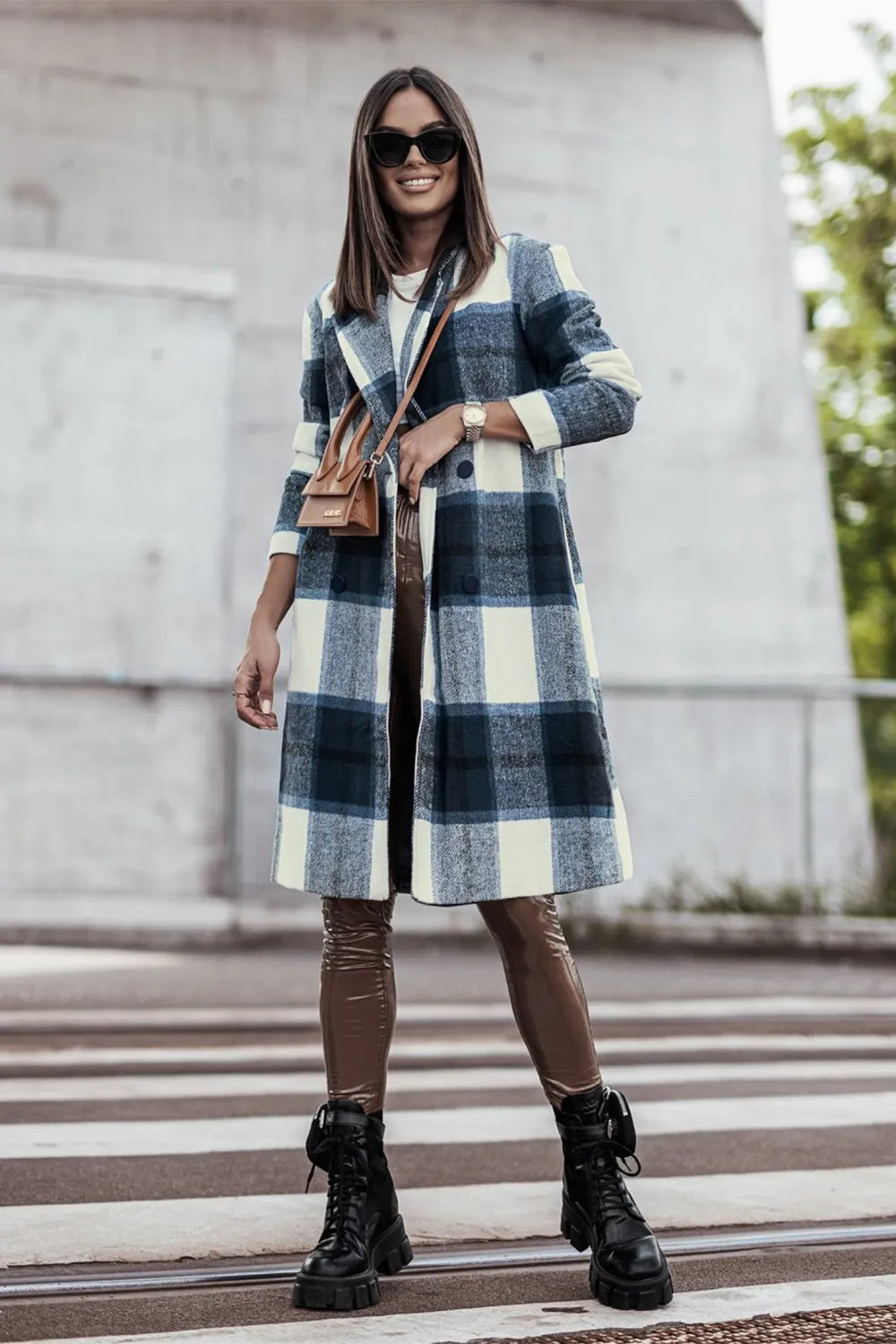 Trendsi double take pink plaid button-up coat with lapel collar, full size, stylish and warm outerwear for women.