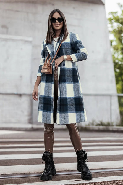 Trendsi double take pink plaid button-up coat with lapel collar, full size, stylish and warm outerwear for women.