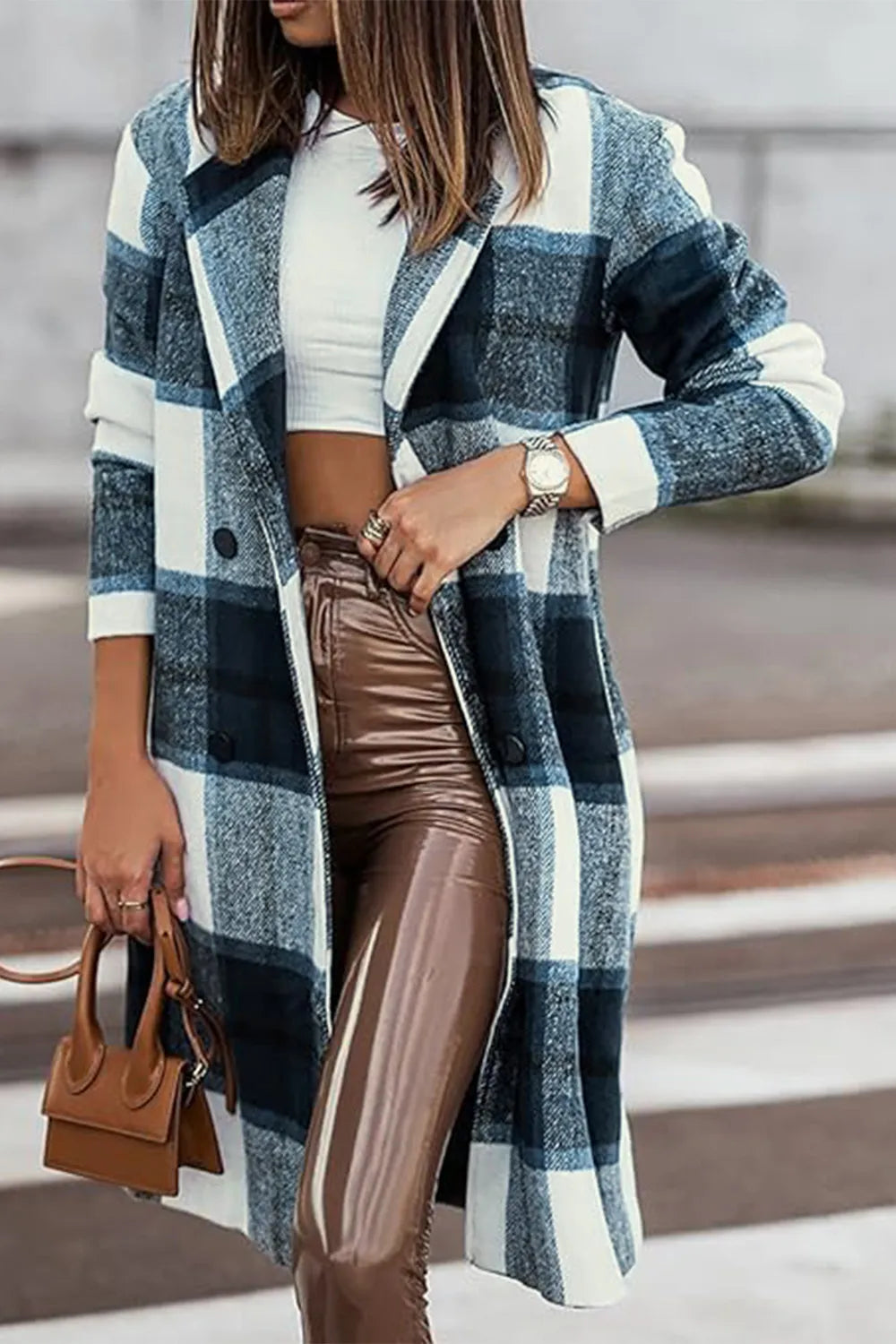 Pink plaid button-up coat with lapel collar, full size, from Trendsi, featuring a stylish double take design and classic silhouette.