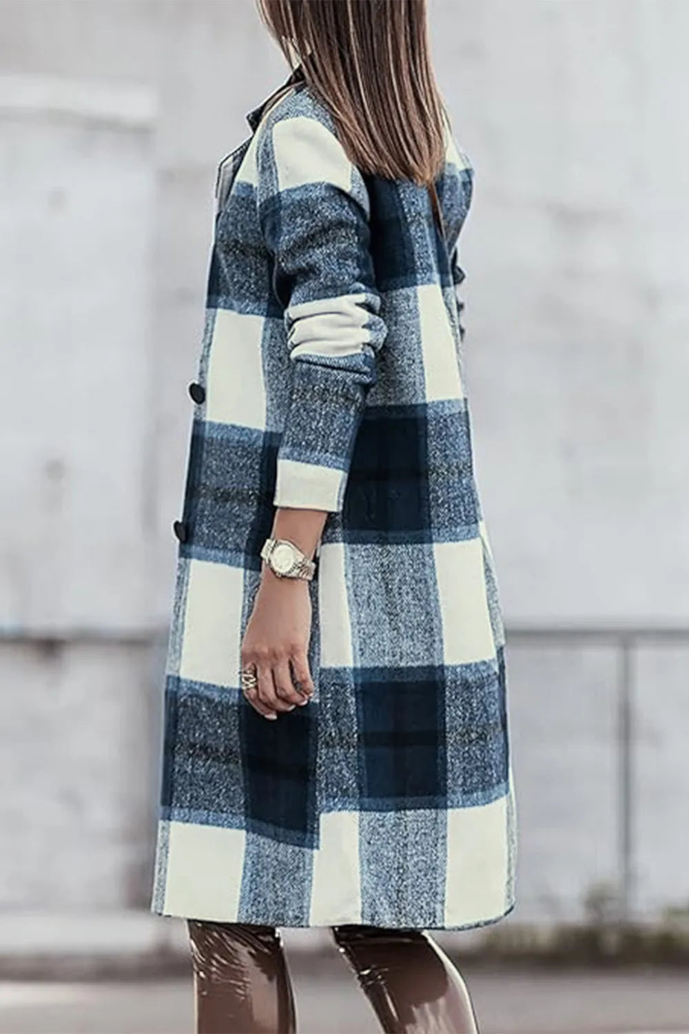 Pink plaid button-up coat with lapel collar from Trendsi, featuring a full-size, stylish design and classic pattern.