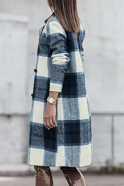 Pink plaid button-up coat with lapel collar from Trendsi, featuring a full-size, stylish design and classic pattern.