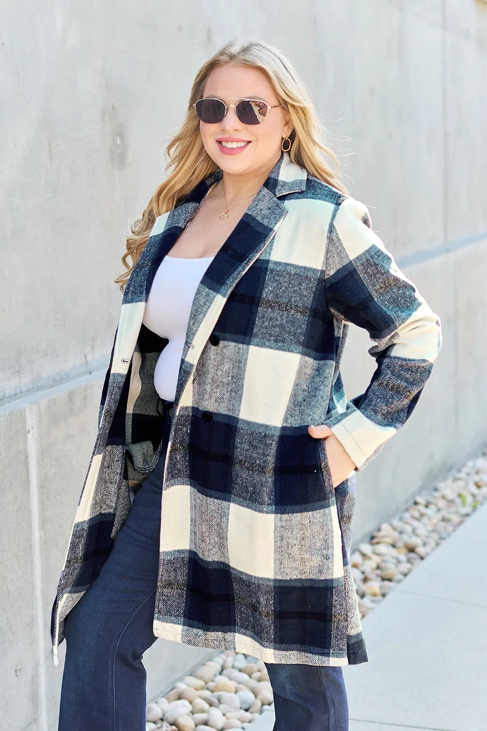 Carnation pink plaid button-up coat with lapel collar, full size, by Trendsi, featuring a stylish and classic design.