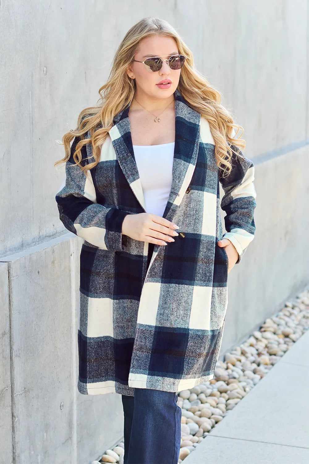 Pink plaid button-up lapel collar coat by Trendsi, featuring a cozy full-size double-breasted design and stylish lapel collar.
