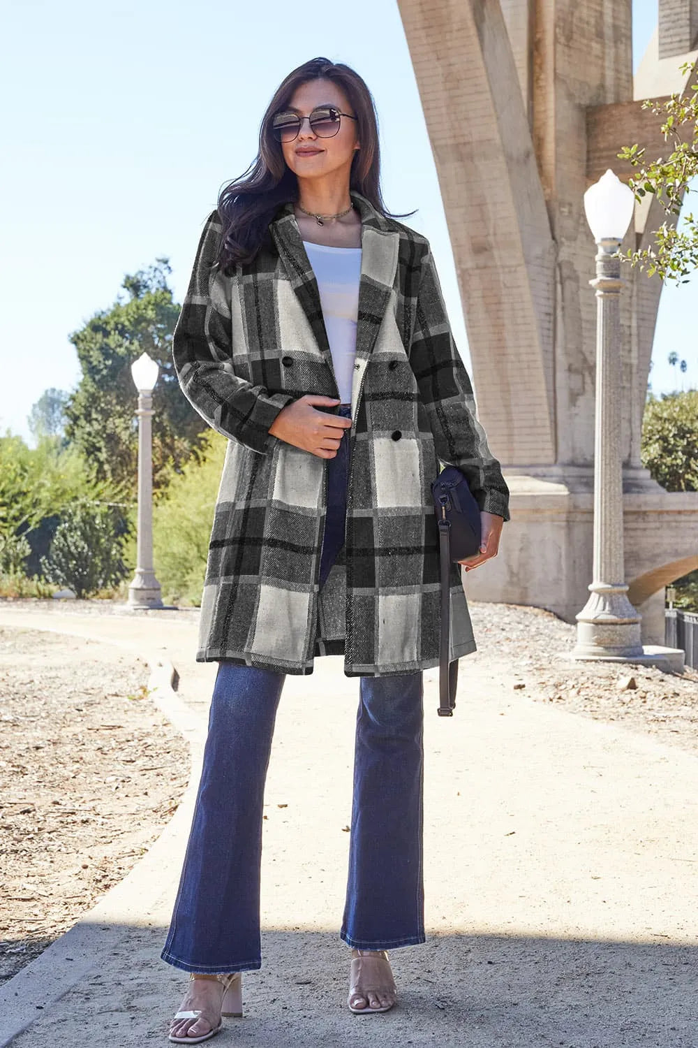 Carnation pink plaid button-up coat with lapel collar from Trendsi, featuring full size and stylish design.