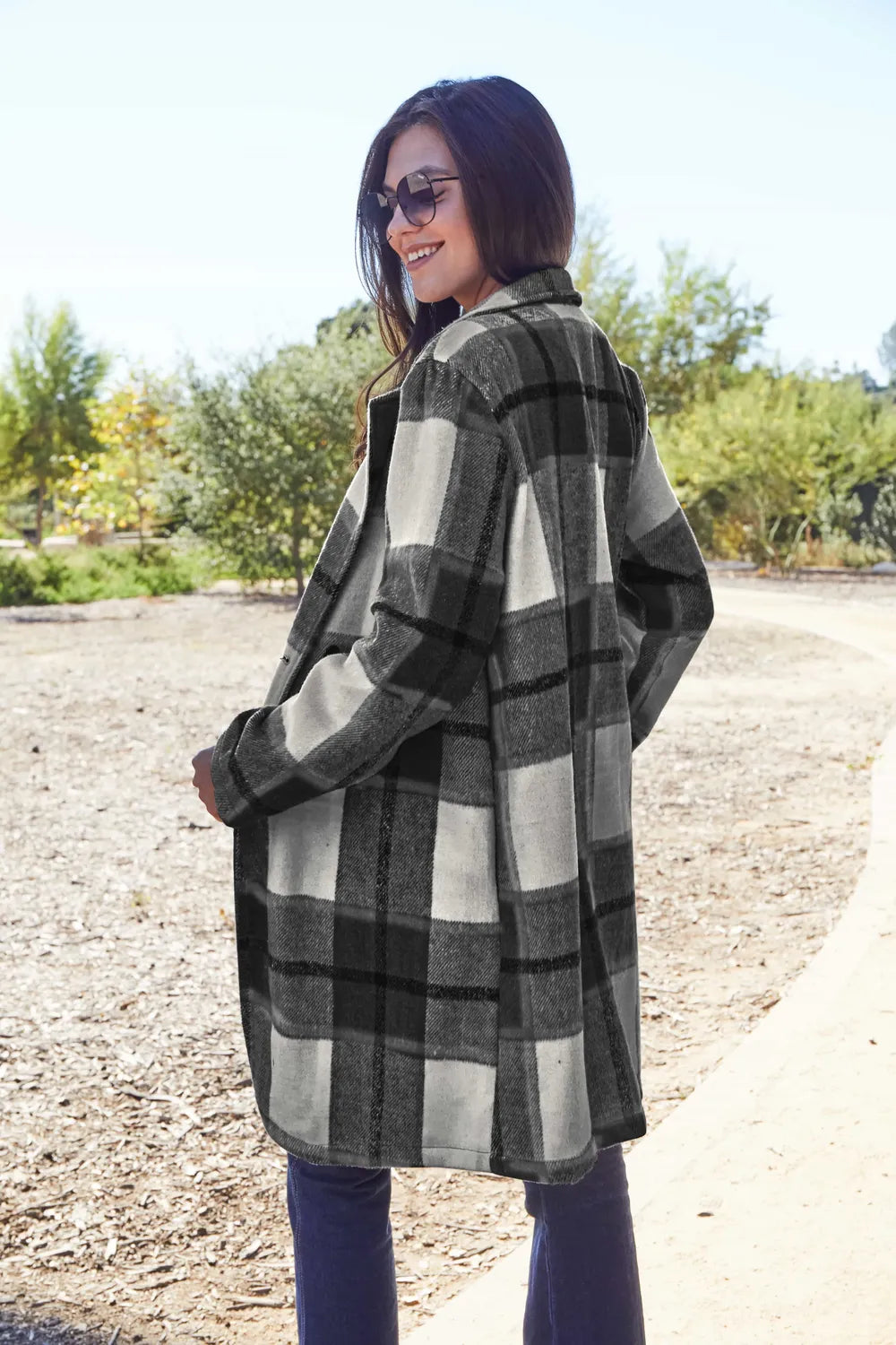 Carnation pink plaid button-up coat with lapel collar, full size, from Trendsi, featuring a classic double take style.
