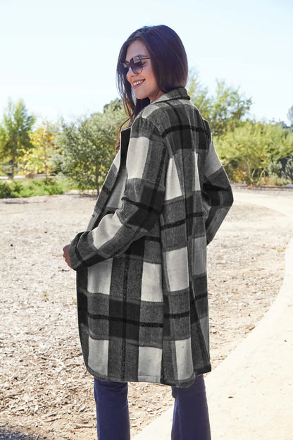 Carnation pink plaid button-up coat with lapel collar, full size, from Trendsi, featuring a classic double take style.