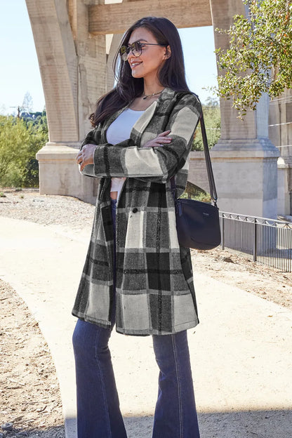 Carnation pink plaid button-up coat with lapel collar from Trendsi, featuring a full-size design and stylish plaid pattern.
