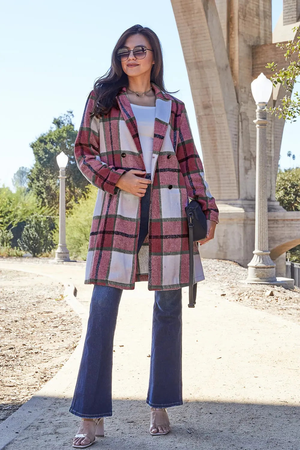 Pink plaid button-up coat with lapel collar and full size fit, by Trendsi, featuring a stylish double-take design.