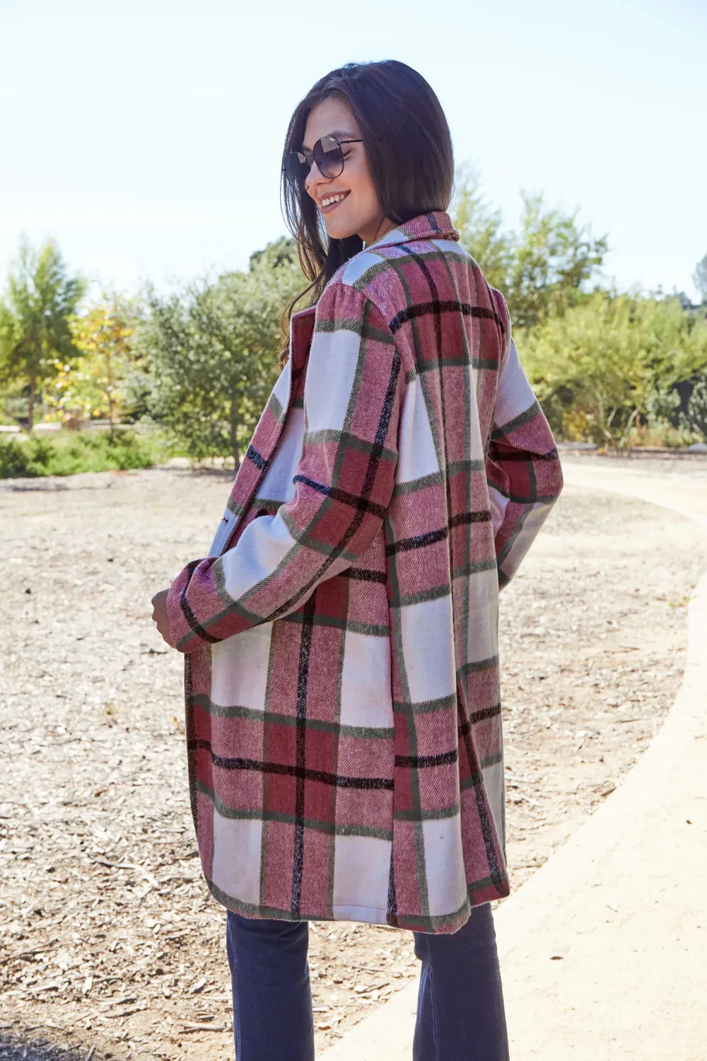 Carnation pink plaid button-up coat with lapel collar, full size, from Trendsi, featuring a stylish and cozy design.