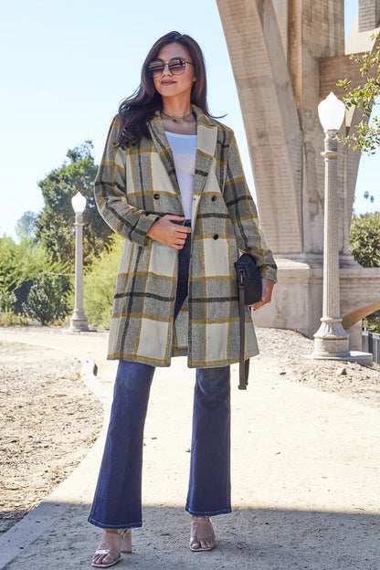 Carnation pink plaid button-up coat with lapel collar, full size, by Trendsi, featuring a stylish and cozy design.