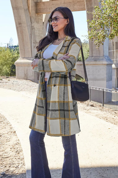 Carnation pink plaid button-up coat with lapel collar, full size, from Trendsi, featuring a stylish and cozy design.