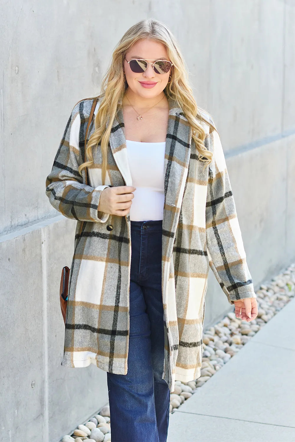 Pink plaid button-up coat with lapel collar, full size, Trendsi double take full size plaid button-up lapel coat